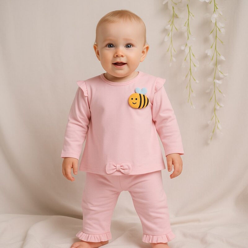 Set Haine Copii Fetiță Roz – Bluziță cu Mânecă Lungă și Pantaloni cu Volănașe, Accesoriu Albină 3D