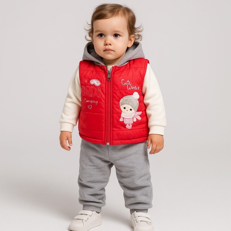 Set Fetițe 3 Piese – Vestă de Fâș Călduroasă, Bluză și Pantaloni – Ținută Moale și Confortabilă pentru Zile Reci