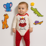 Set 3 piese pentru bebeluși model albină – body alb cu imprimeu vesel și pantaloni dungați galben-negru din bumbac moale