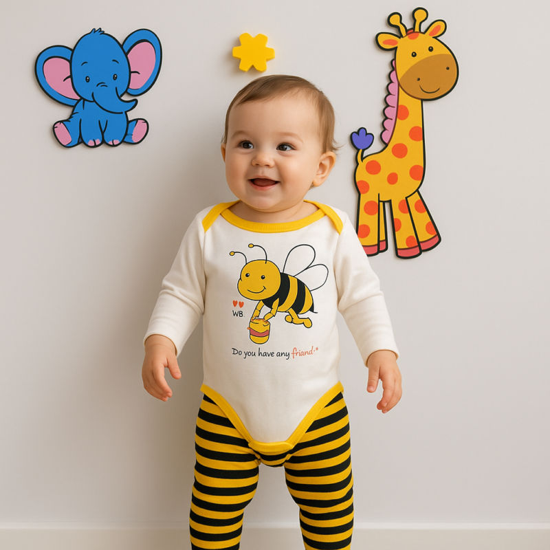 Set 3 piese pentru bebeluși model albină – body alb cu imprimeu vesel și pantaloni dungați galben-negru din bumbac moale