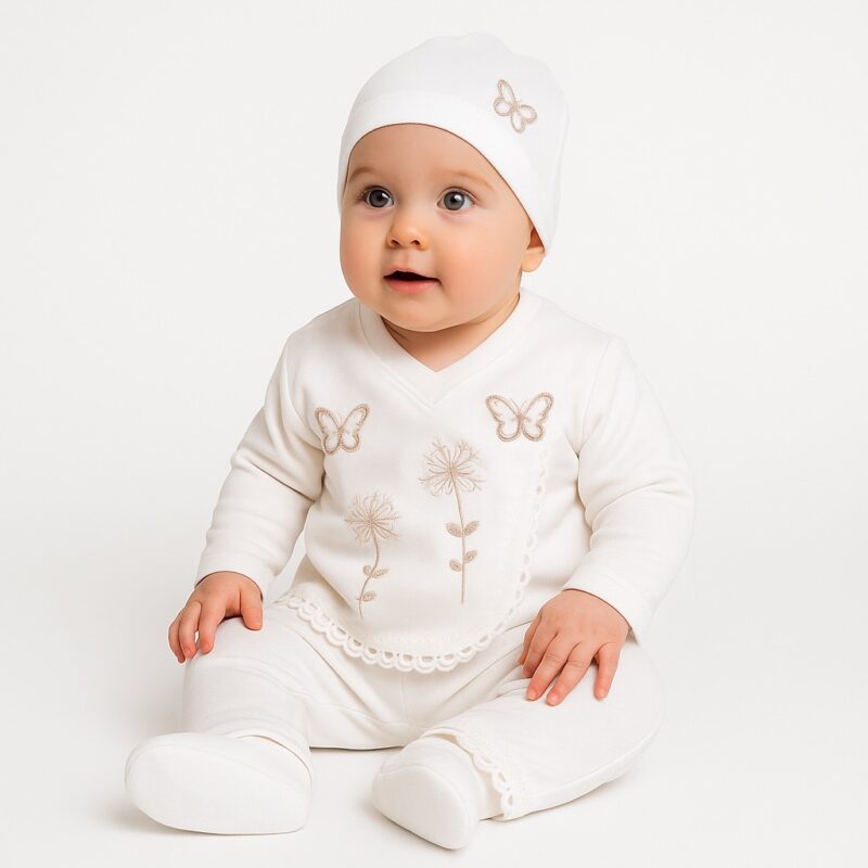 Set nou-născut fetițe 0-3 luni – 5 piese din bumbac moale cu fluturi și floricele
