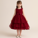 Rochiță elegantă vișinie pentru fetițe – model cu volane și fundiță