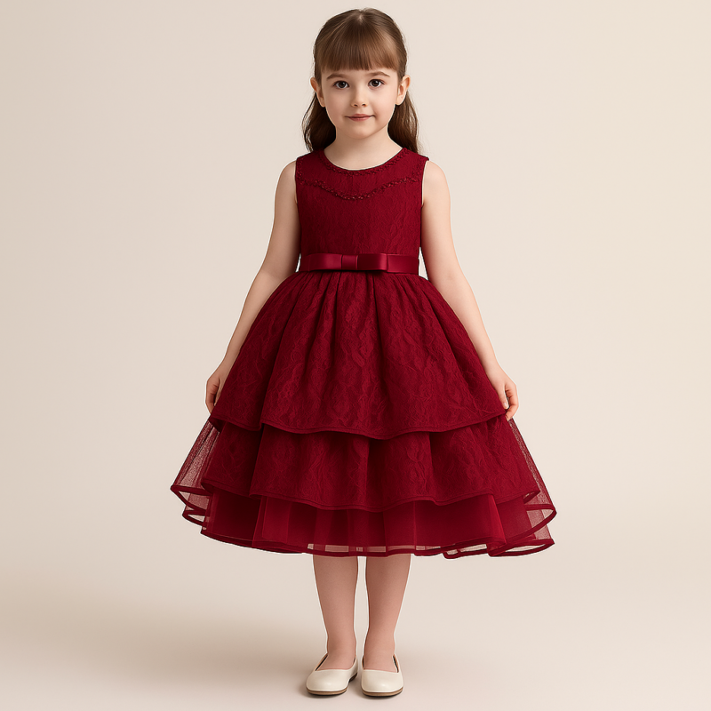 Rochiță elegantă vișinie pentru fetițe – model cu volane și fundiță