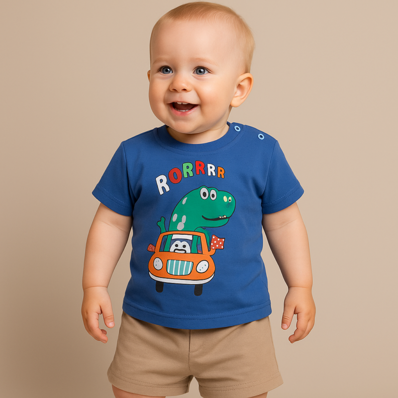 Set de vară pentru copii – tricou albastru cu dinozaur și pantaloni scurți bej