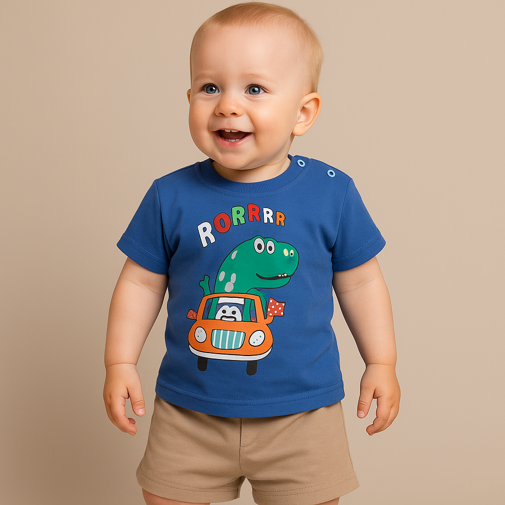 87D22F60-5348-46C5-A253-9A2140B086A2 Set de vară pentru copii – tricou albastru cu dinozaur și pantaloni scurți bej