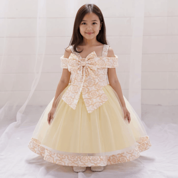 Rochie elegantă fetiță cu fundă mare și dantelă florală – crem ivory