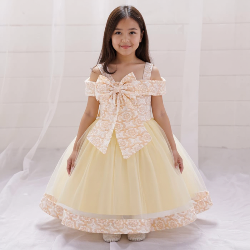 Rochie elegantă fetiță cu fundă mare și dantelă florală – crem ivory