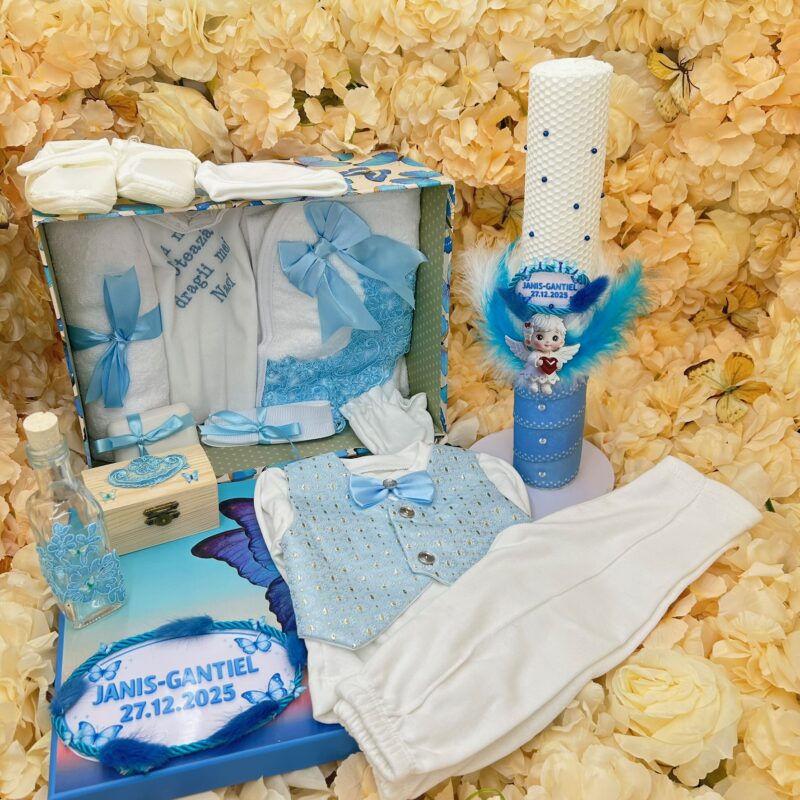Trusou botez băieți complet – costum elegant 0-3 luni + lumânare și accesorii
