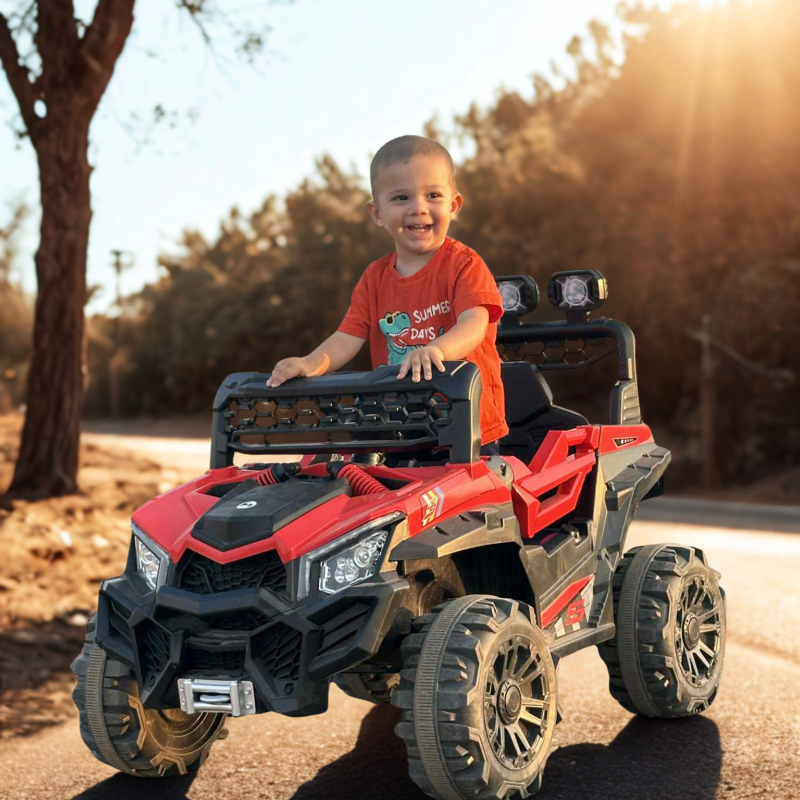 Mașinuță electrică off-road copii 3–8 ani, 12V 7Ah, 2 motoare spate, LED, 1 loc – roșu/negru