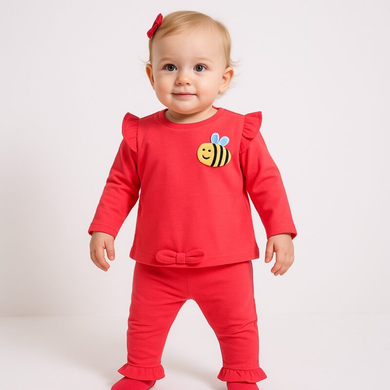 Set Haine Fetiță Roșu – Bluziță cu Mâneci Lungi, Volănașe și Albină 3D + Pantaloni Asortați – Confort și Stil pentru Copilul Tău