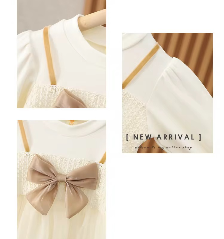 Rochiță crem din bumbac moale cu tull și fundă bej