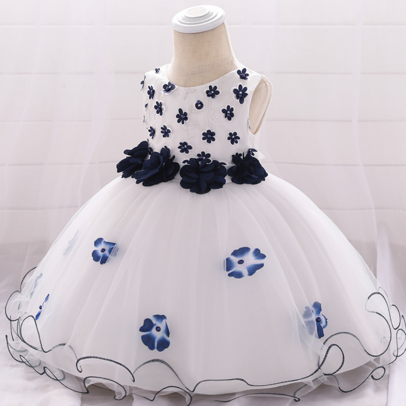 Rochiță elegantă albă cu flori albastre pentru fete 0–3 luni