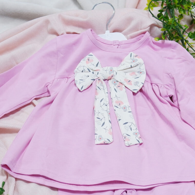 Set roz pentru fetițe din bumbac moale cu fundă florală – set elegant și confortabil pentru primăvară și toamnă