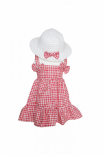 Rochiță copii 1–5 ani cu pălărie – model roșu în carouri din bumbac