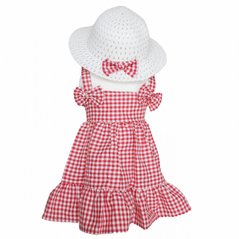 Rochiță copii 1–5 ani cu pălărie – model roșu în carouri din bumbac