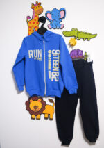 Set trening băieți albastru cu hanorac și pantaloni negri – îmbrăcăminte sport confortabilă pentru școală și joacă