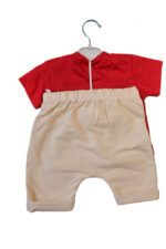 Set bebeluși 2 piese cu cățeluș – tricou roșu și pantaloni crem din bumbac