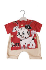 Set bebeluși 2 piese cu cățeluș – tricou roșu și pantaloni crem din bumbac