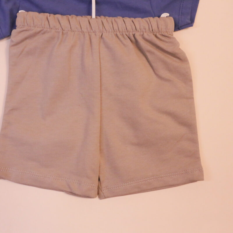 Set de vară pentru copii – tricou albastru cu dinozaur și pantaloni scurți bej