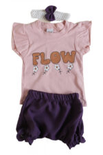 Set fetițe 2 piese 9–18 luni – tricou roz cu volănașe și pantaloni mov din bumbac