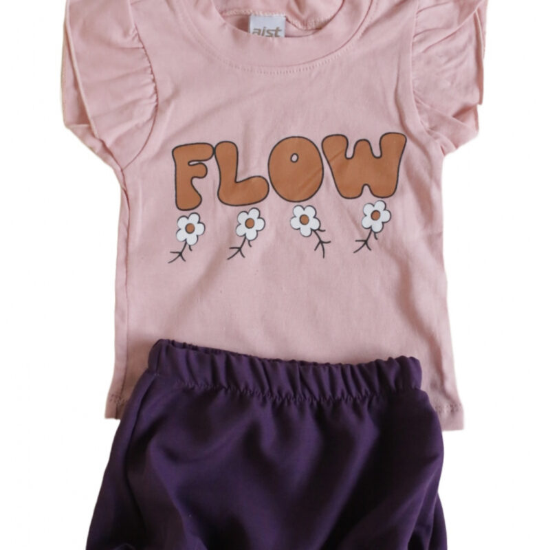 Set fetițe 2 piese 9–18 luni – tricou roz cu volănașe și pantaloni mov din bumbac