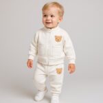 Trening alb din bumbac vătuit cu ursuleț – eleganță, confort și protecție în sezonul rece