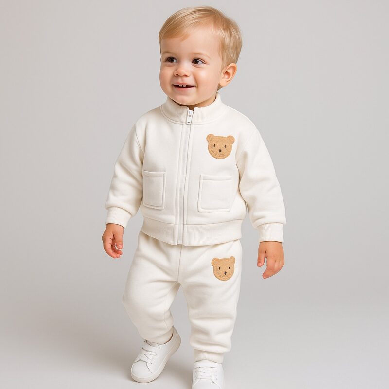 Trening alb din bumbac vătuit cu ursuleț – eleganță, confort și protecție în sezonul rece