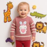 Pulover tricotat roz cu iepuraș și inimioară pentru fetițe – model călduros și moale pentru toamnă-iarnă