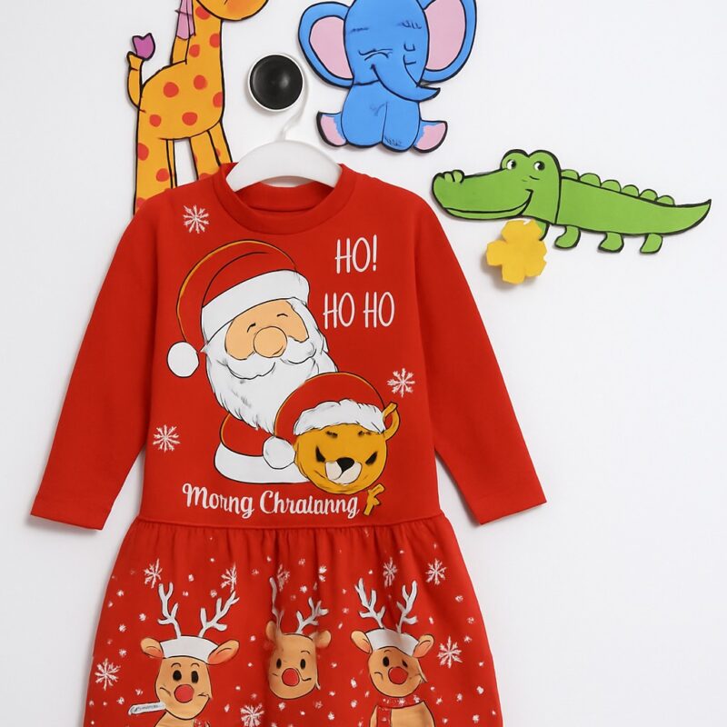 Rochie roșie Crăciun pentru fetițe din bumbac moale – model Moș Crăciun și reni, rochie festivă copii pentru iarnă și sărbători