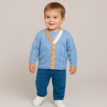 Pulover cardigan albastru pentru copii – tricot moale, respirabil, cu perforații fine și închidere cu nasturi