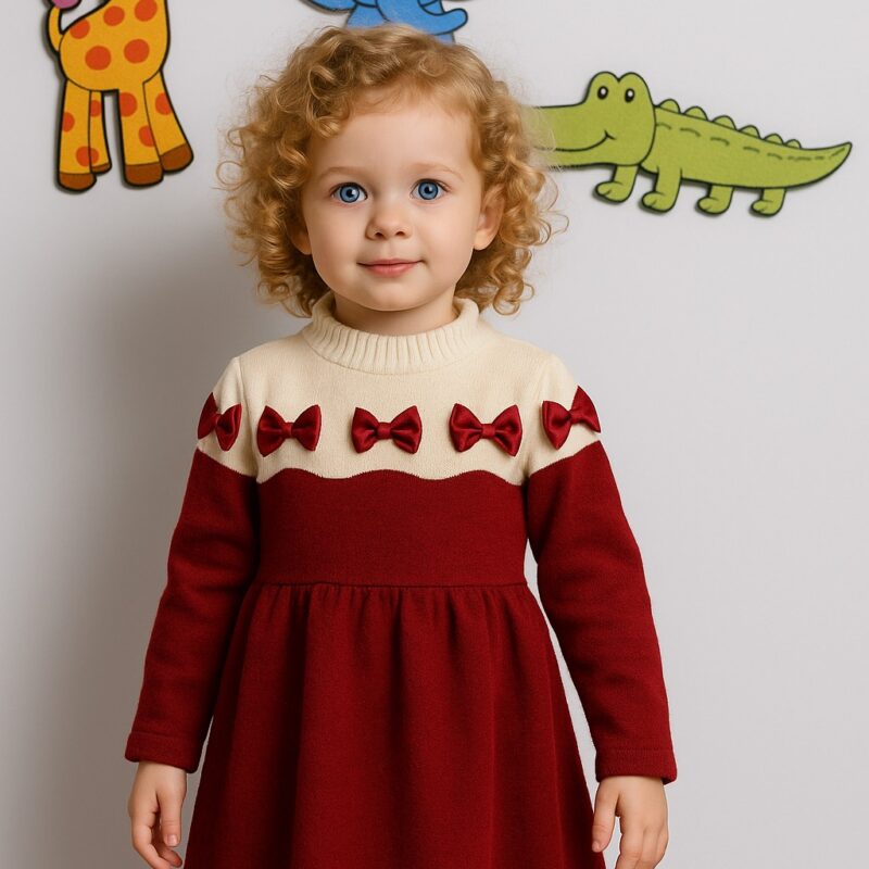 Rochie tricotată pentru fete bordo cu inser crem și fundițe satinate