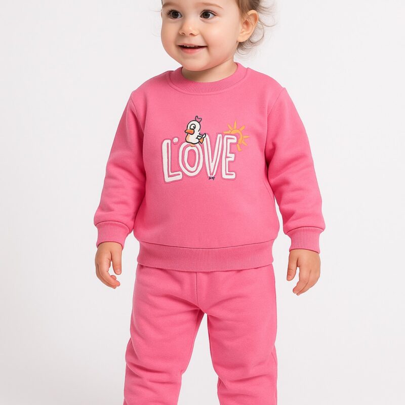 Trening roz din bumbac pentru fetițe – model LOVE călduros și confortabil, ideal pentru toamnă-iarnă