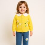 Set pentru fetițe Floare de Primăvara – cardigan galben cu broderii florale și pantaloni din denim moale