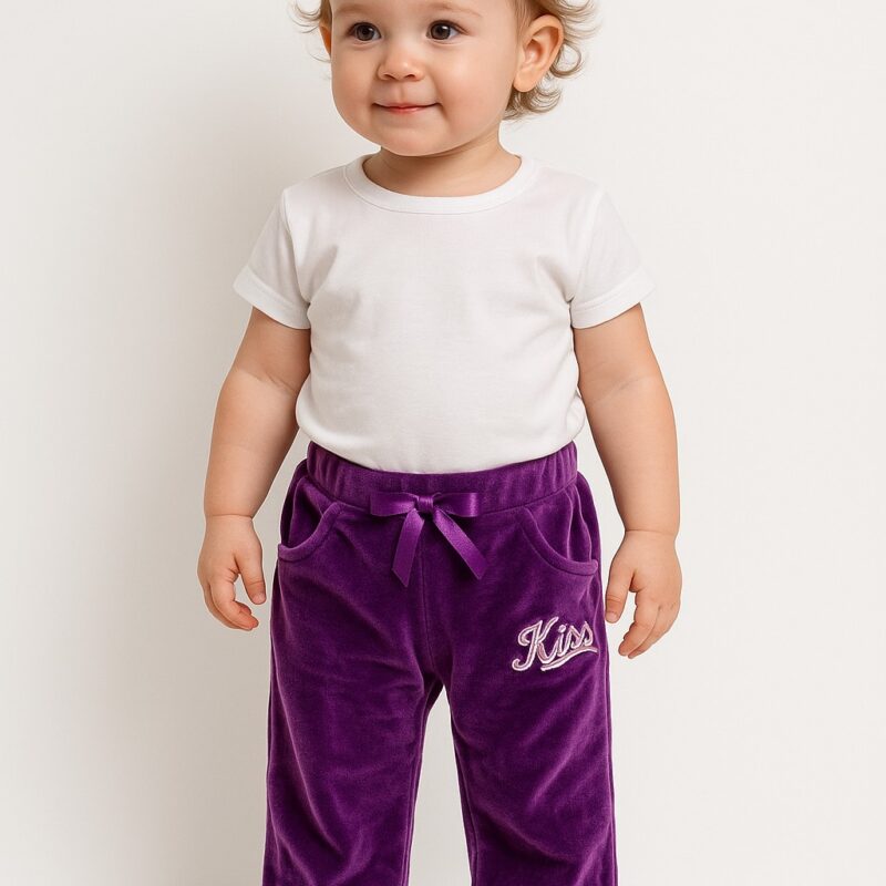 Pantaloni catifea mov pentru fetițe – model moale și elegant cu buzunare și fundiță, ideali pentru toamnă-iarnă