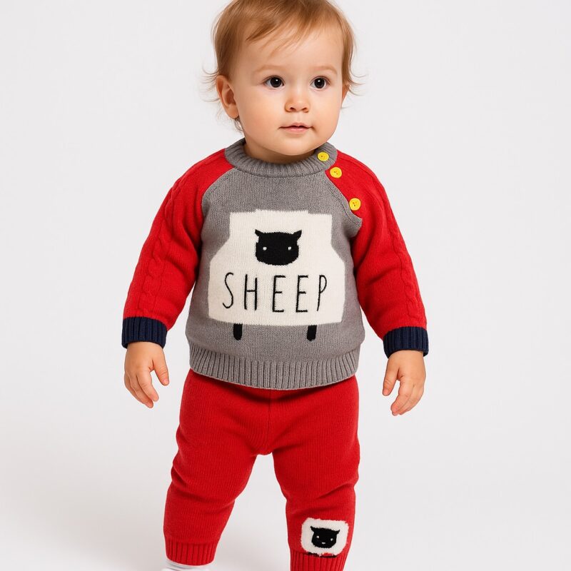 Set tricotat premium pentru fete si baieti , două piese – pulover raglan rosu cu motiv „Sheep” și pantaloni gri cu aplicație