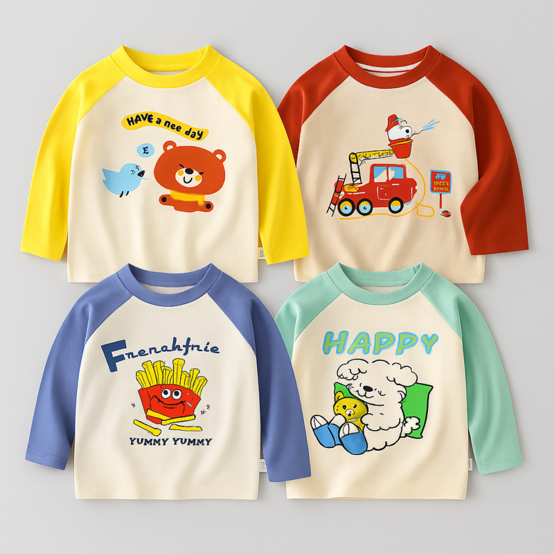 Set 4 bluze din bumbac pentru copii cu imprimeuri colorate – confort, calitate și design jucăuș pentru fiecare zi