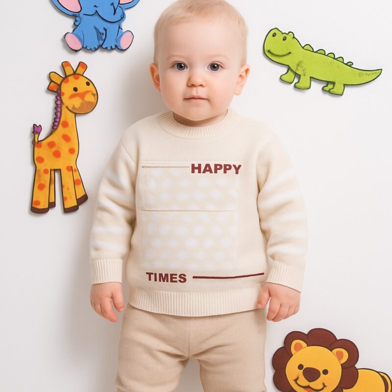 Pulover crem pentru copii „Happy Times” – model tricotat moale, confortabil și elegant pentru toamnă-iarnă