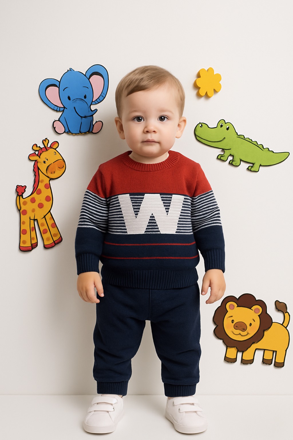 D29D9D74-D9FE-4713-B92B-18767B70A568 Pulover tricotat pentru băieți bleumarin cu roșu – model călduros și moale din bumbac pentru toamnă-iarnă