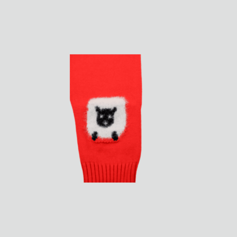 Set tricotat premium pentru fete si baieti , două piese – pulover raglan rosu cu motiv „Sheep” și pantaloni gri cu aplicație