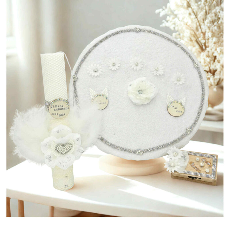 Set complet botez fetiță – lumânare, cutie trusou și cutiuță pentru suviță, realizate manual în România