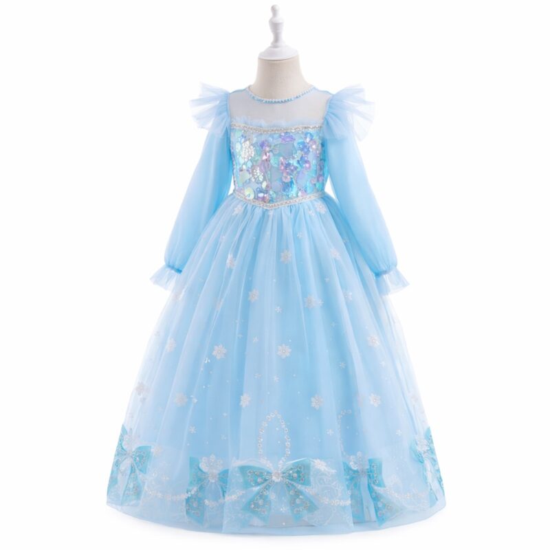 Rochiță Satin Fetițe Albastră cu Mâneci Lungi și Tulle Strălucitor – Model Elegant pentru Ocazii Speciale