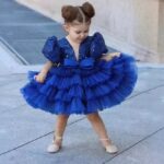 Rochiță Satin Fetițe Albastru Regal cu Fustă Voluminoasă din Tulle – Model Elegant pentru Ocazii Speciale