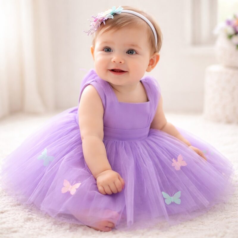 Rochiță Satin Fetițe Mov cu Tulle Vapuros și Fluturi Aplicați – Model Elegant pentru Ocazii Speciale