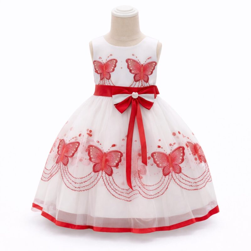 Rochiță satin fetițe cu fundiță și imprimeu fluture – model elegant pentru ocazii speciale