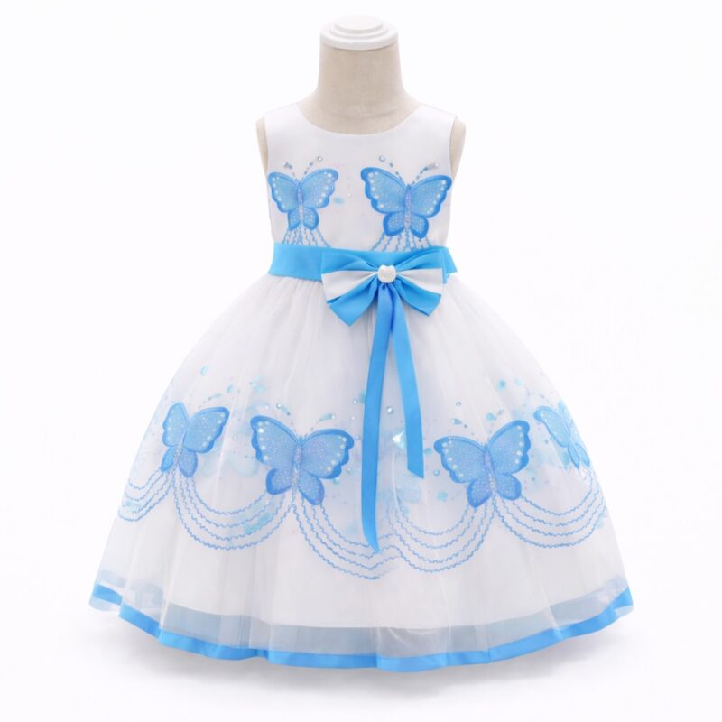 Rochiță satin fetițe cu fundiță și imprimeu fluture – model elegant pentru ocazii speciale