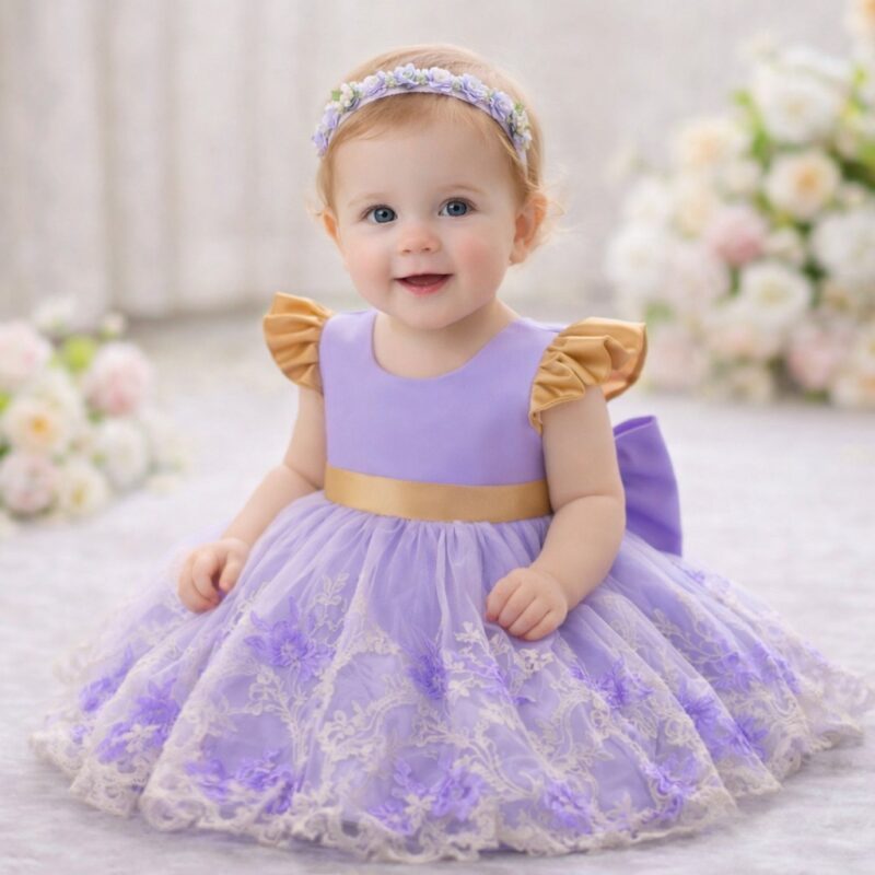 Rochiță Satin Fetițe Mov cu Tulle Brodat și Fundă Aurie – Model Elegant pentru Ocazii Speciale