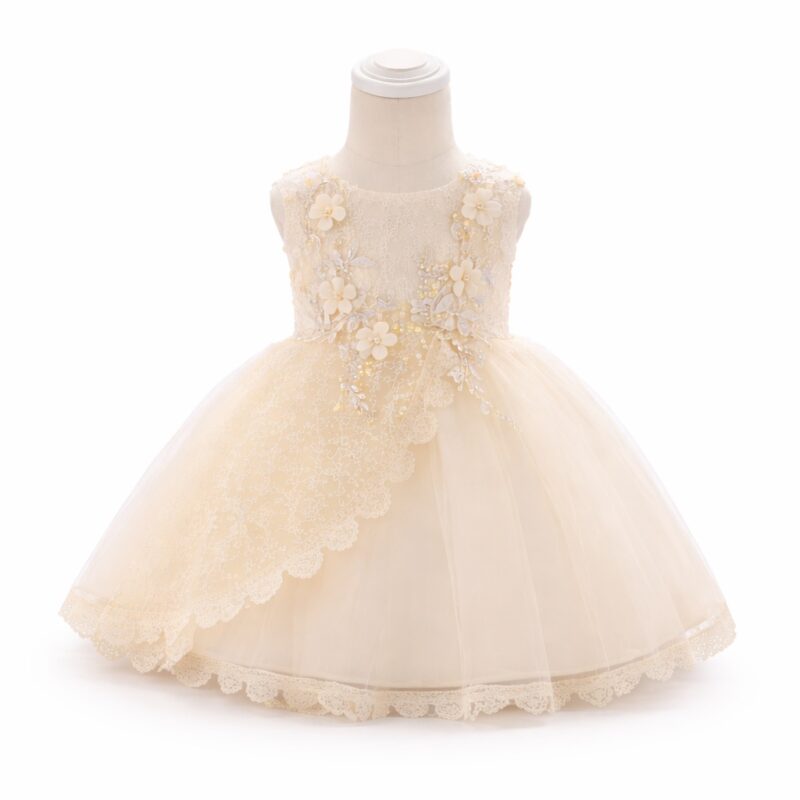 Rochiță Satin Fetițe cu Dantelă și Flori 3D – Model Elegant Crem și Roz pentru Ocazii Speciale