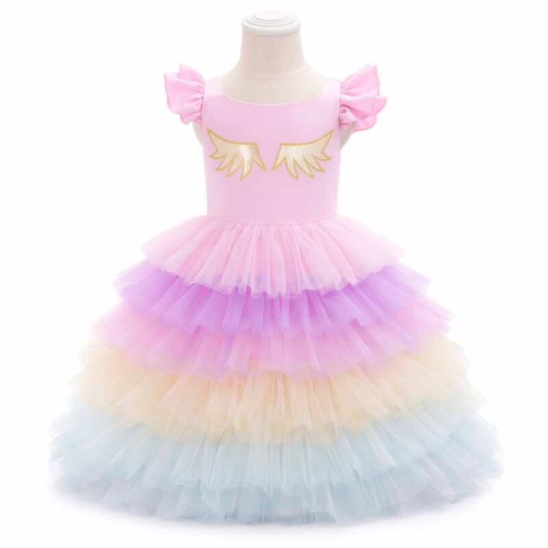 Rochiță Satin Fetițe Pastel cu Fustă din Tulle Degrade și Aripi Aurii – Model Elegant pentru Ocazii Speciale