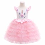 Rochiță Satin Fetițe Unicorn Roz cu Fustă Voluminoasă din Tulle – Model Elegant pentru Aniversări și Ocazii Speciale