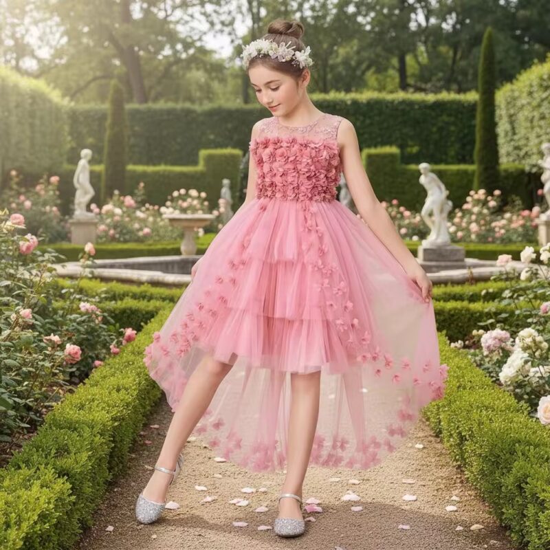 Rochiță Satin Fetițe Roz cu Flori 3D și Fustă Asimetrică din Tulle – Model Elegant pentru Ocazii Speciale